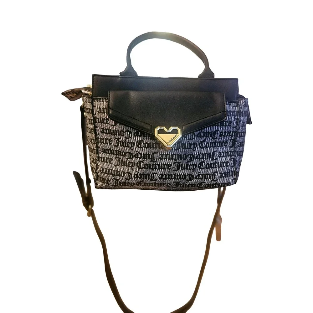 Juicy Couture Monogram Satchel Crossbody Bag with Heart Coin Purse Black Grey